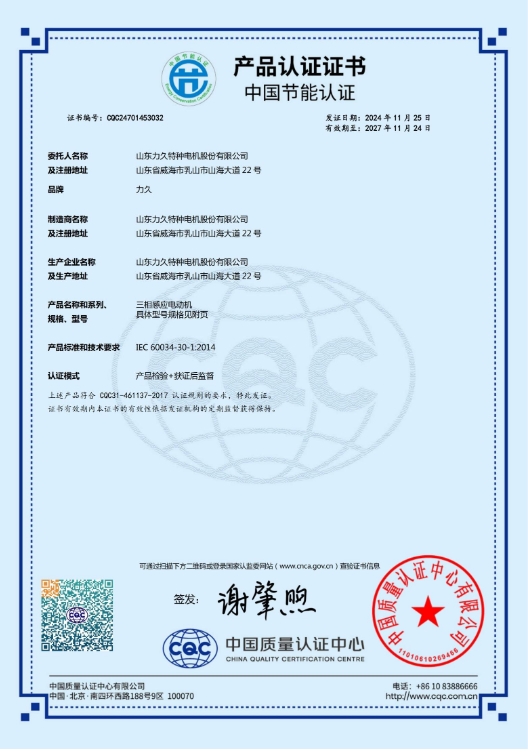 山東力久成功獲得電機IEC標準節(jié)能認證